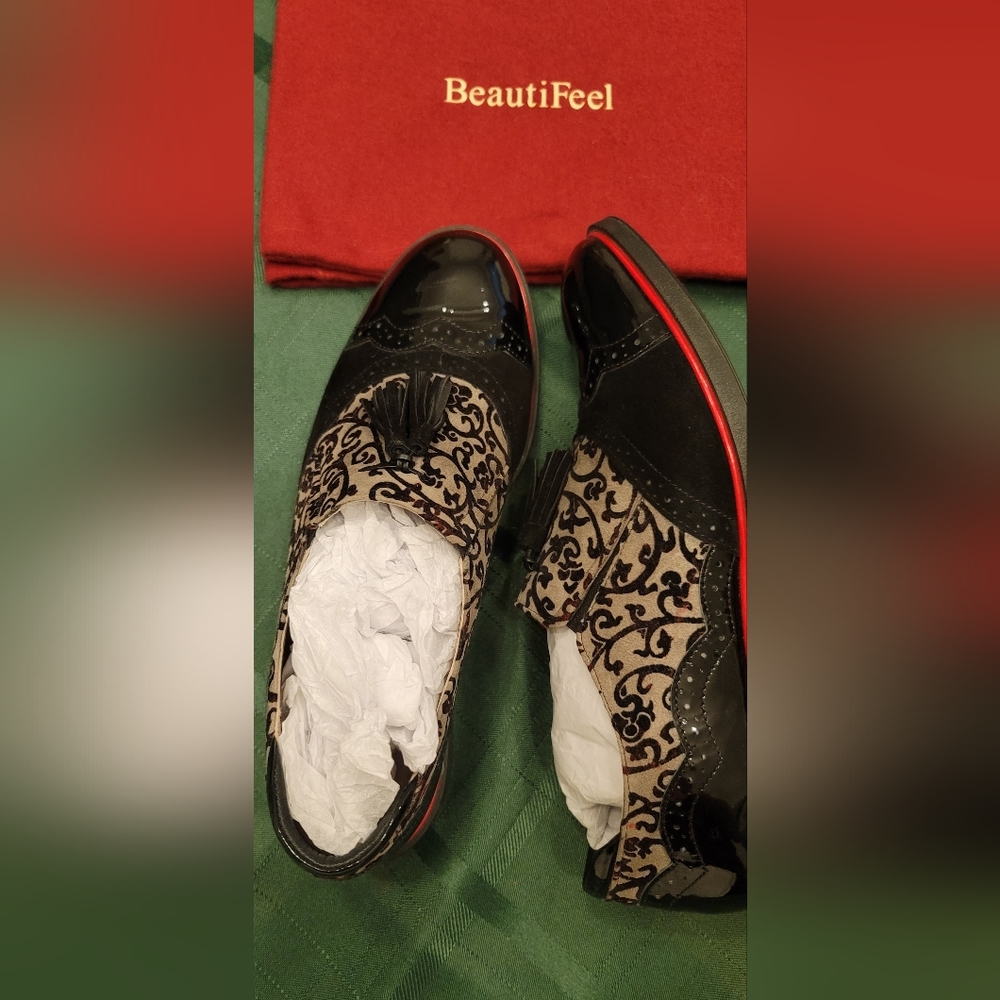 Beautifeel oxfords, black red gray patent suede, 9.5
